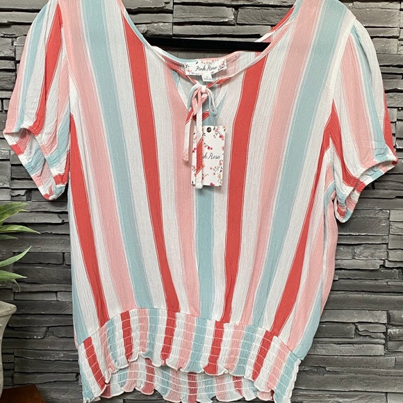 Pink Rose Tops - PINK ROSE GAUZEY STRIPED TOP